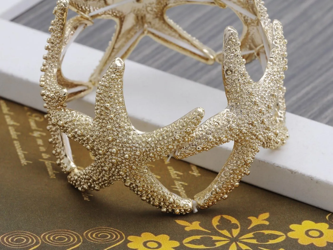 Alilang Womens Shiny Textured Starfish Stretch Bangle Cuff Statement Bracelet