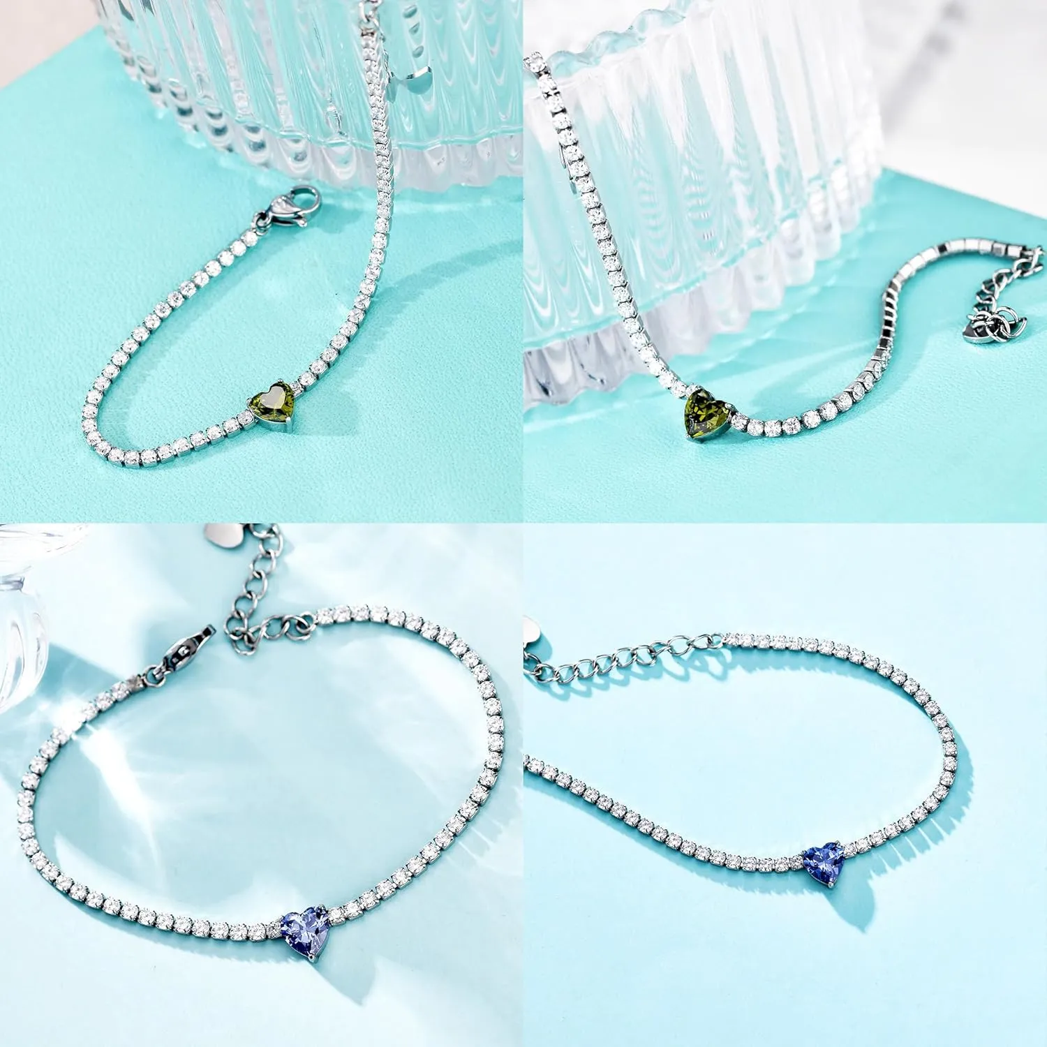 AllenCOCO Sterling Silver Heart Birthstone Bracelet, 14K White Gold Plated, AAAAA  CZ Cubic Zirconia, Tennis Chain with Heart Charm, Hypoallergenic, Non-Tarnish Jewelry Gift for Women