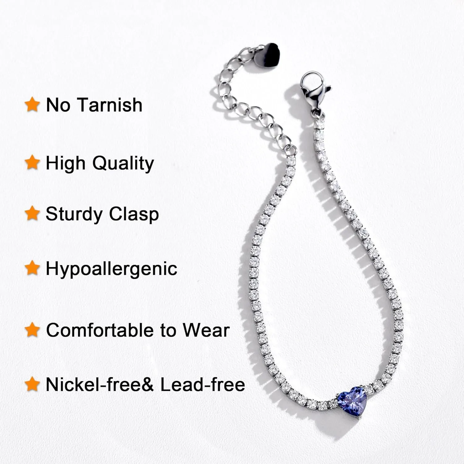 AllenCOCO Sterling Silver Heart Birthstone Bracelet, 14K White Gold Plated, AAAAA  CZ Cubic Zirconia, Tennis Chain with Heart Charm, Hypoallergenic, Non-Tarnish Jewelry Gift for Women