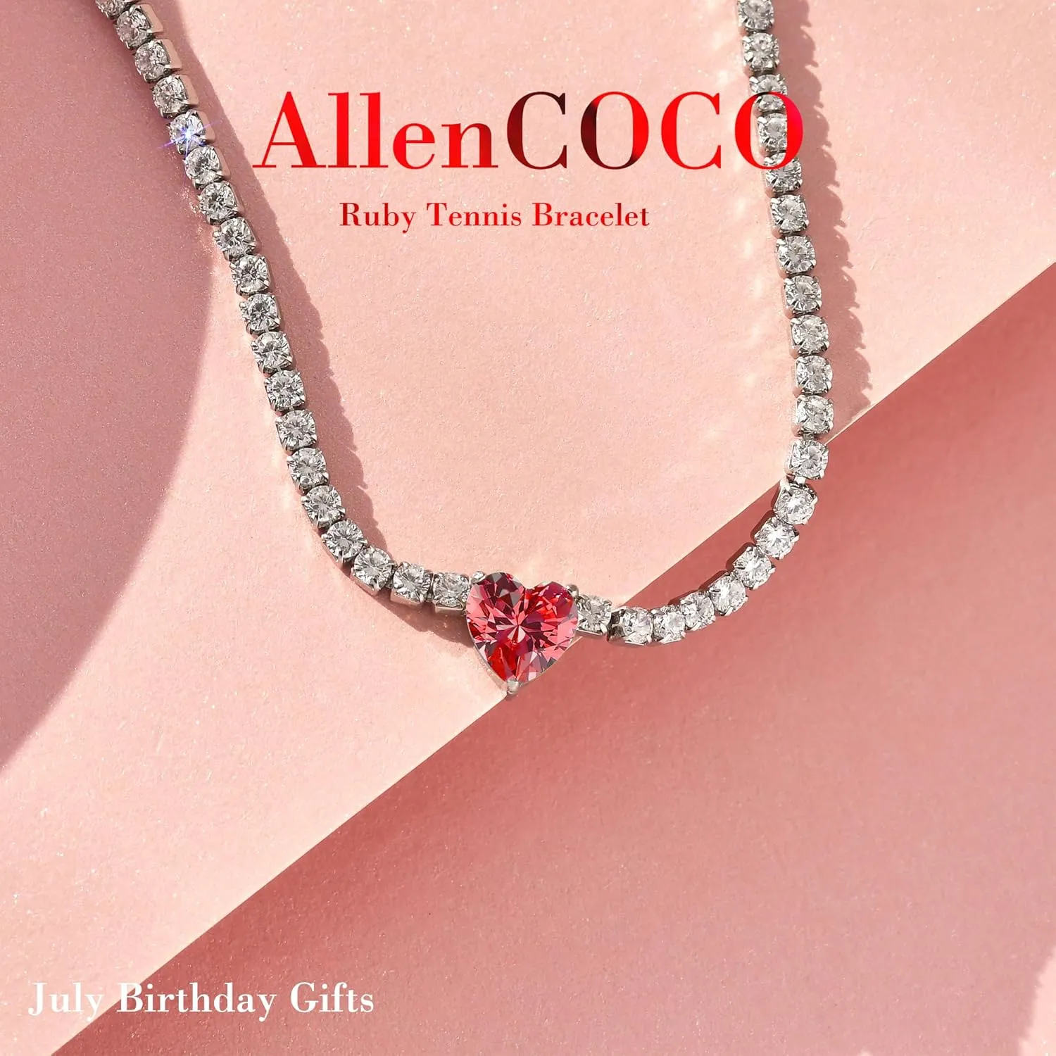 AllenCOCO Sterling Silver Heart Birthstone Bracelet, 14K White Gold Plated, AAAAA  CZ Cubic Zirconia, Tennis Chain with Heart Charm, Hypoallergenic, Non-Tarnish Jewelry Gift for Women