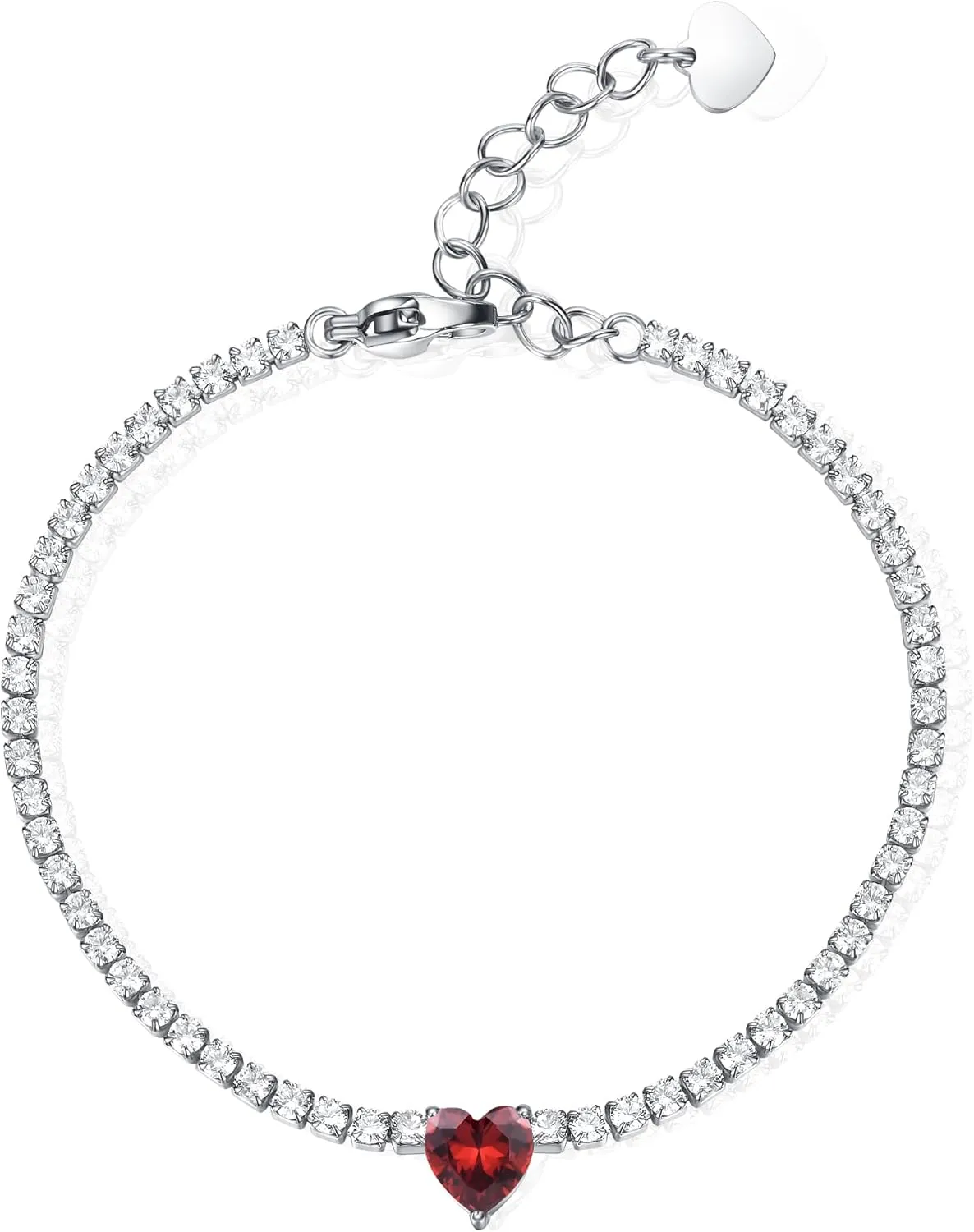 AllenCOCO Sterling Silver Heart Birthstone Bracelet, 14K White Gold Plated, AAAAA  CZ Cubic Zirconia, Tennis Chain with Heart Charm, Hypoallergenic, Non-Tarnish Jewelry Gift for Women