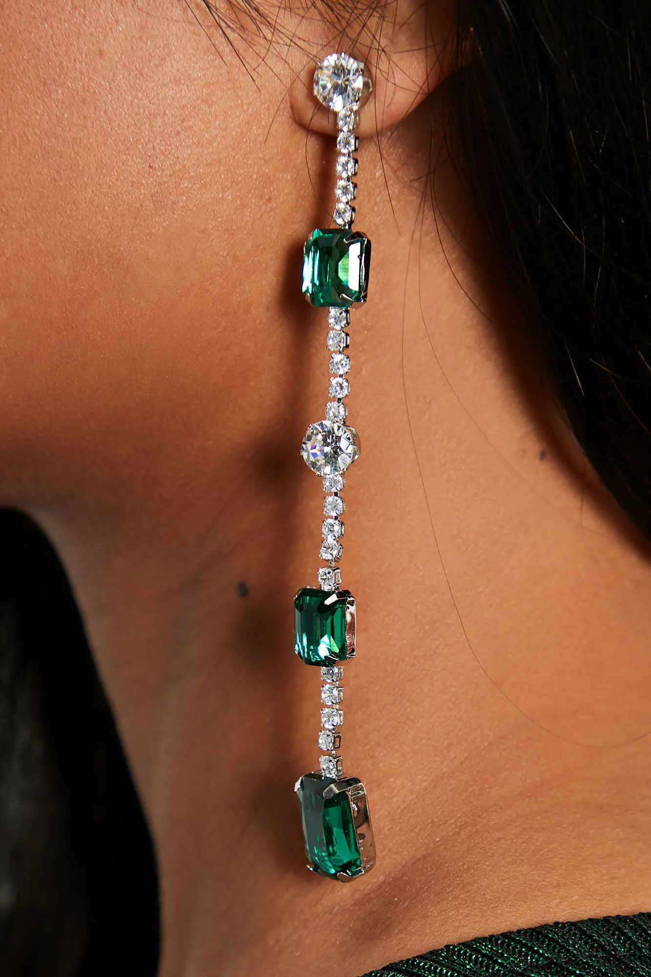 Always Glam Linear Earrings  - Silver/Green