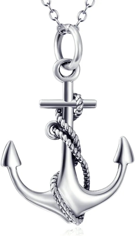 Anchor Sterling Silver Tree of Life Necklace - Polished Nautical Anchor Rope Fine Jewelry for Men & Women
