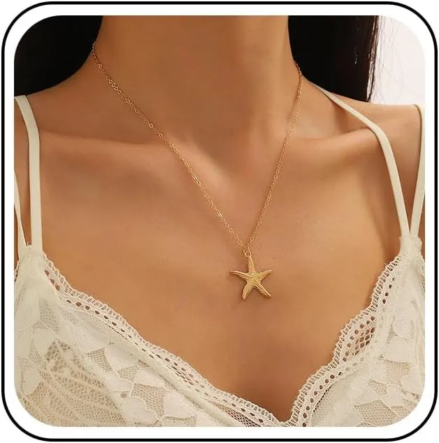 Andelaisi Boho Starfish Necklace Choker Vintage Starfish Choker Necklace Ocean Sea Star Pendant Necklaces Summer Beach Starfish Necklace Chain Jewelry for Women and Girls(Gold)