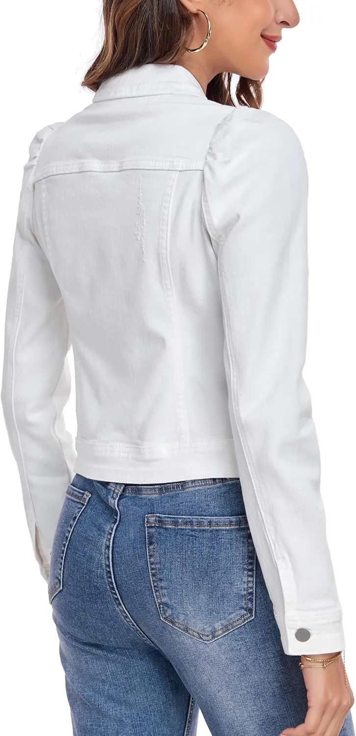 Anienaya Women's Jean Jacket Cropped Denim Jackets Stretchy Puff Long Sleeve Distressed with Pockets