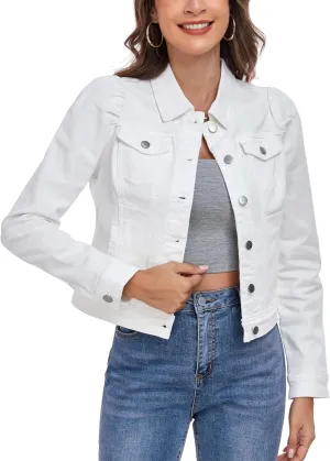 Anienaya Women's Jean Jacket Cropped Denim Jackets Stretchy Puff Long Sleeve Distressed with Pockets