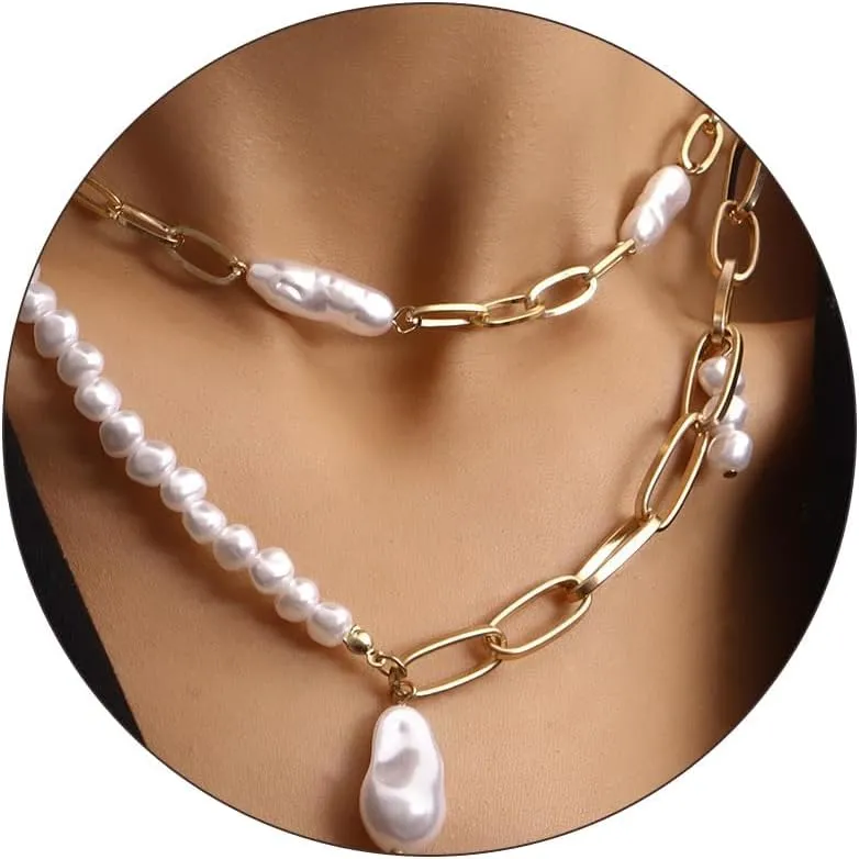 Aonklot 2Pcs Layered Pearl Necklaces for Women Paperclip Chain Choker Necklace Pearl Pendant Necklace Gold Necklace Gifts for Lady Gifts