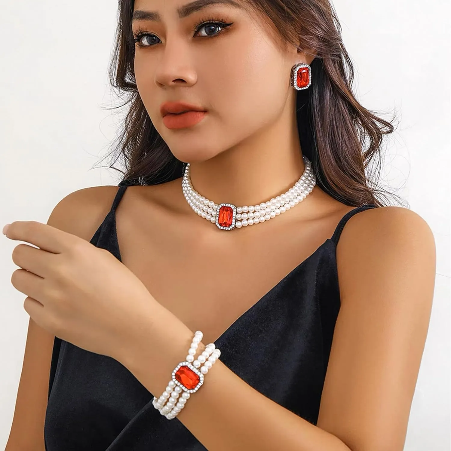 Aonklot Pearl Earrings Necklace Bracelet Set Layered Pearl Necklace Rhinestone Stud Earrings with Dainty Bracelet for Women Elegant Pearls Jewelry Set for Everyday Wear
