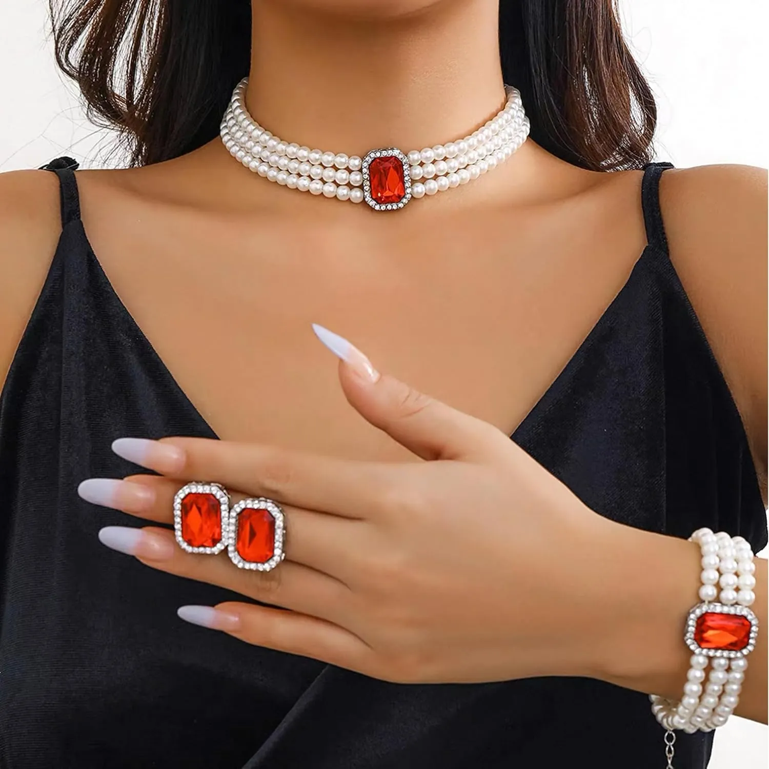 Aonklot Pearl Earrings Necklace Bracelet Set Layered Pearl Necklace Rhinestone Stud Earrings with Dainty Bracelet for Women Elegant Pearls Jewelry Set for Everyday Wear