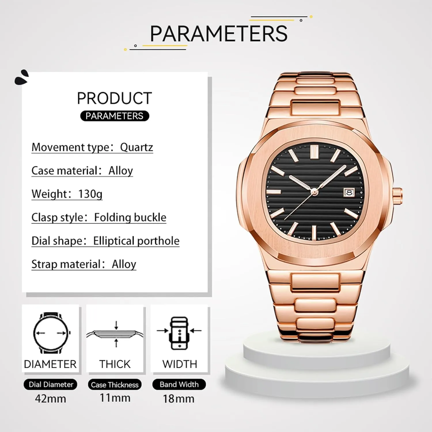 BARAMON Wrist Watches for Men, Nautilus Stainless Steel Quartz Movement Date Luxury Diamond Style Men's Luminous Hands Casual Business Watches