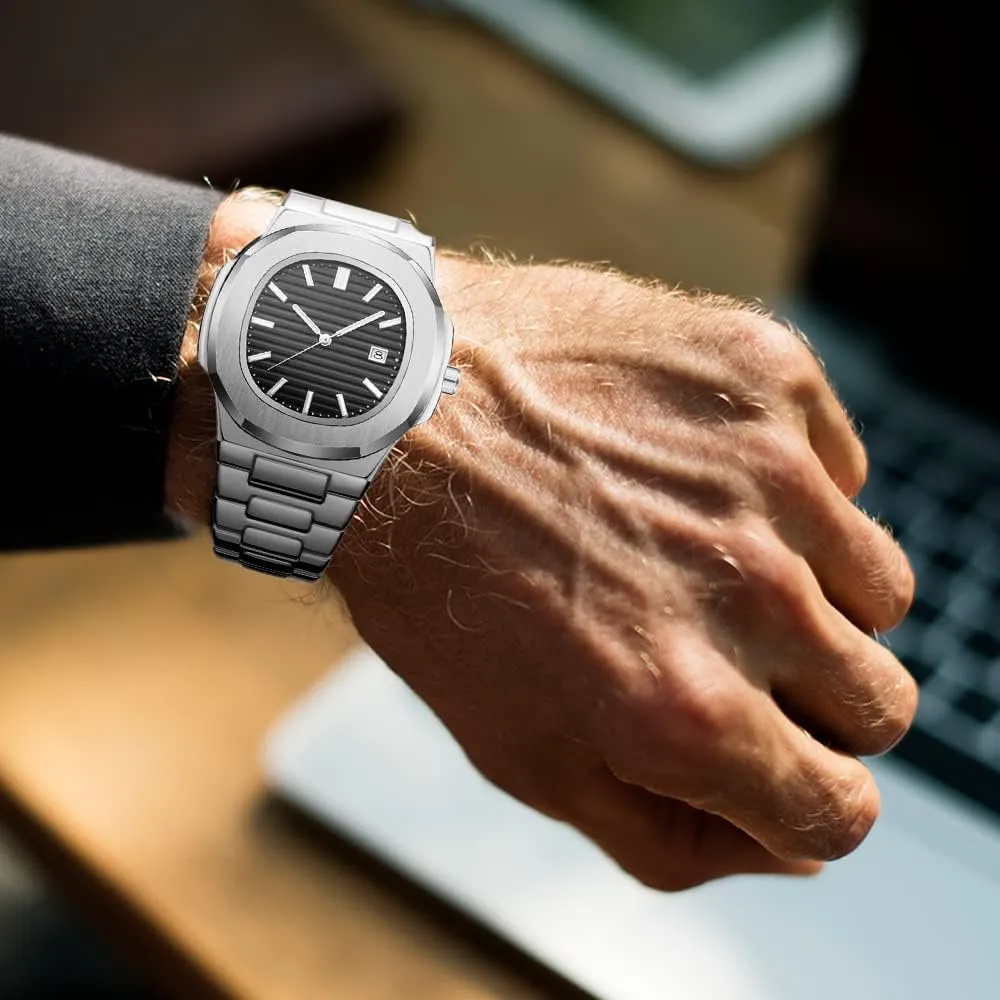 BARAMON Wrist Watches for Men, Nautilus Stainless Steel Quartz Movement Date Luxury Diamond Style Men's Luminous Hands Casual Business Watches