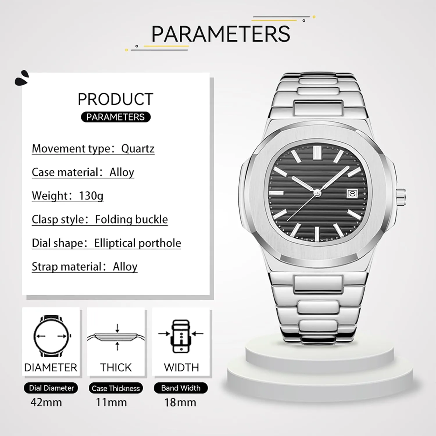 BARAMON Wrist Watches for Men, Nautilus Stainless Steel Quartz Movement Date Luxury Diamond Style Men's Luminous Hands Casual Business Watches