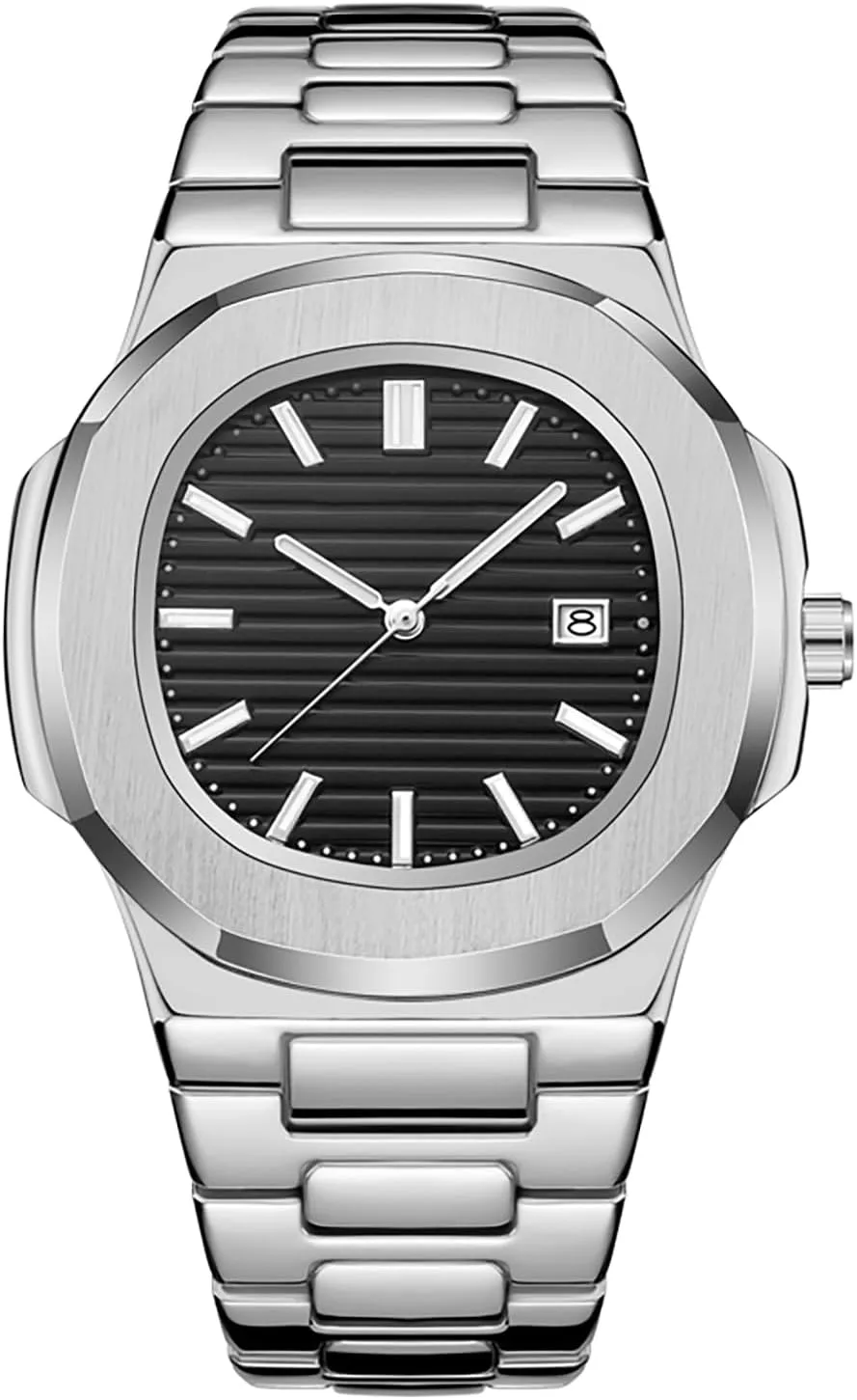 BARAMON Wrist Watches for Men, Nautilus Stainless Steel Quartz Movement Date Luxury Diamond Style Men's Luminous Hands Casual Business Watches