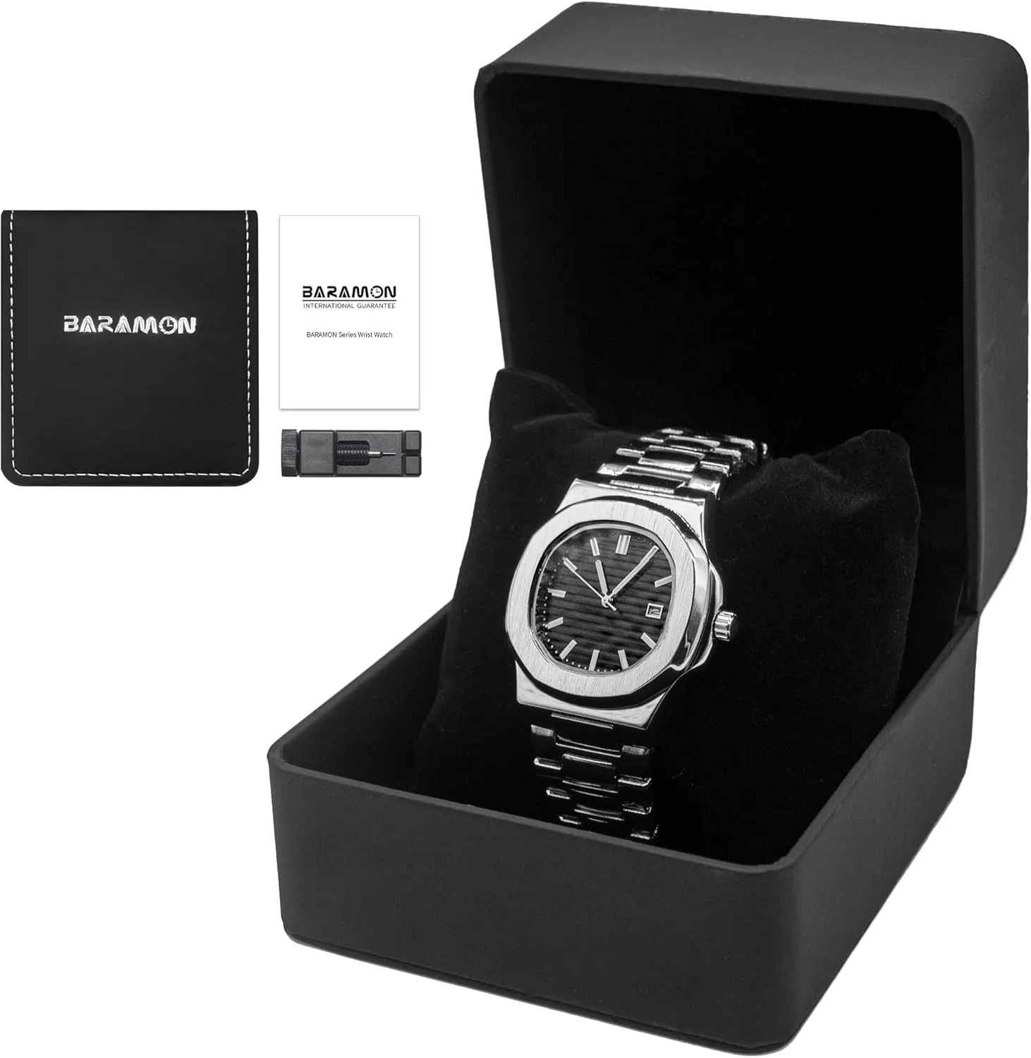 BARAMON Wrist Watches for Men, Nautilus Stainless Steel Quartz Movement Date Luxury Diamond Style Men's Luminous Hands Casual Business Watches