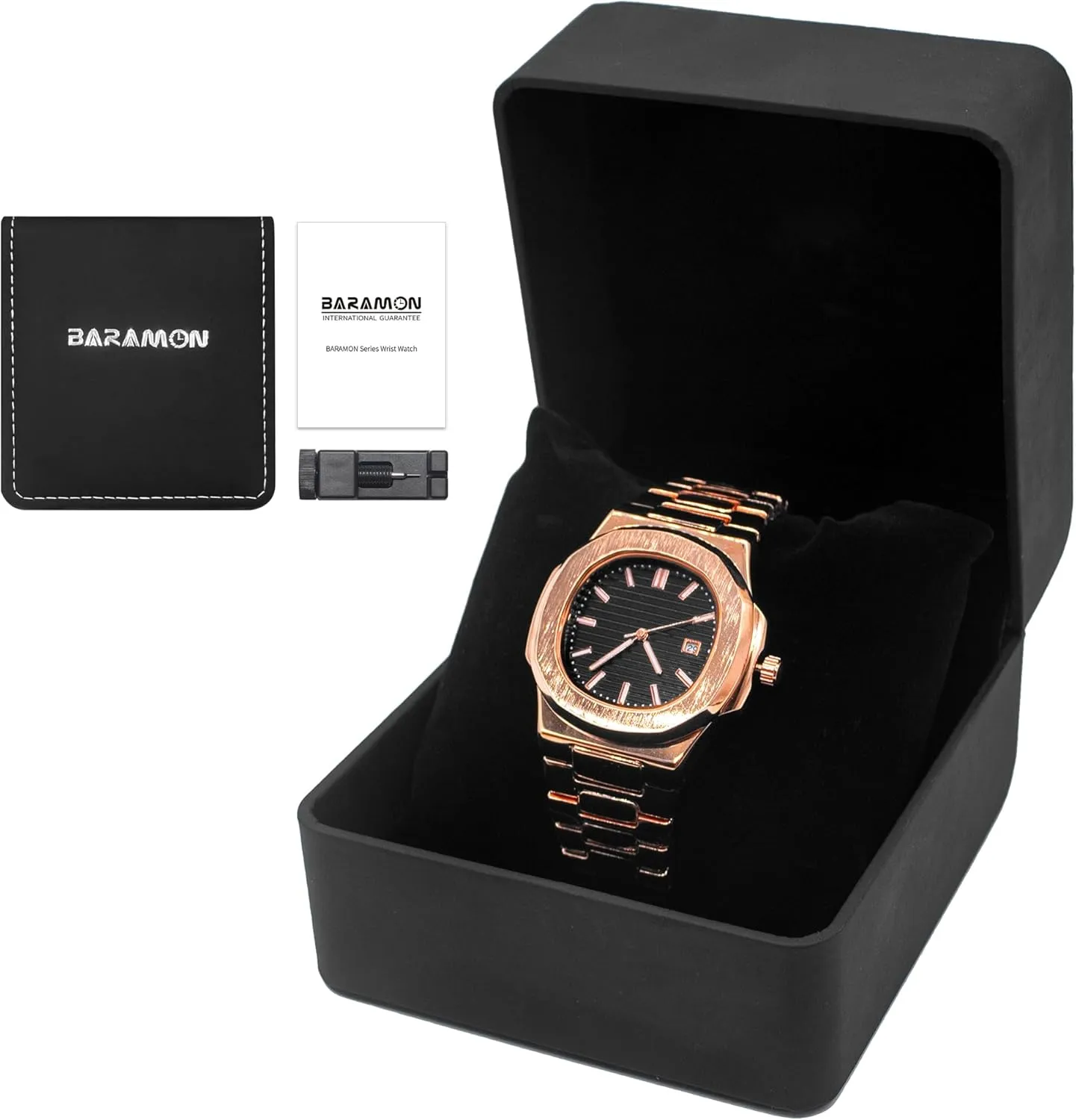 BARAMON Wrist Watches for Men, Nautilus Stainless Steel Quartz Movement Date Luxury Diamond Style Men's Luminous Hands Casual Business Watches