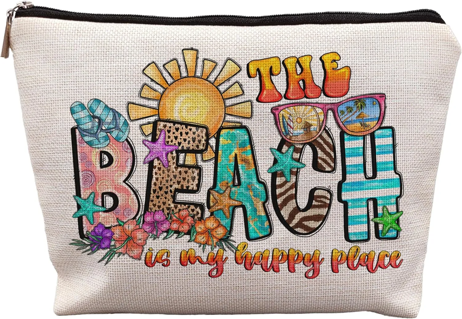 Beach Gifts for Women Friends, Beach Makeup Bag, Gifts for a Beach Lover, Beach Vacation Gifts, The Beach is My Happy Place Makeup Cosmetic Bag for Purse, Beachy Gifts