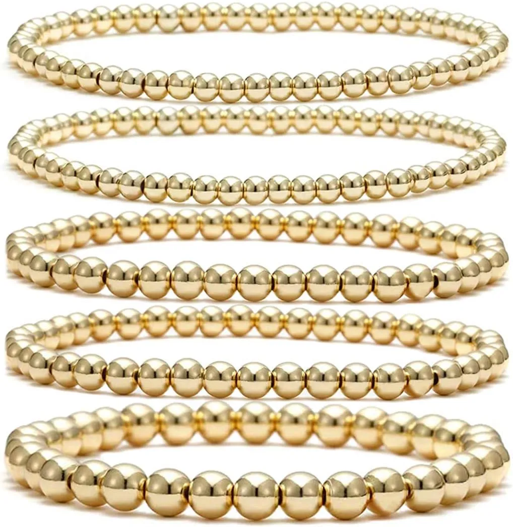Beaded Bracelet for Women Stack 14 K Real Gold Ball Beads Bracelet Elastic String Friendship Bracelets Set Dainty Stretch Bracelets Jewelry for Men Girls