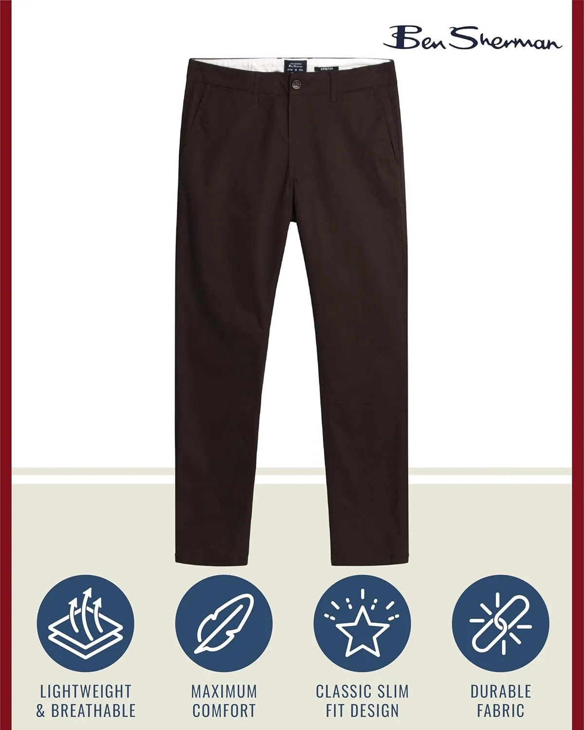Ben Sherman Men's Slim Fit Chino Pants - Men's Fashion Comfort Stretch Cotton Casual Pants - Stylish Tapered Chinos for Men