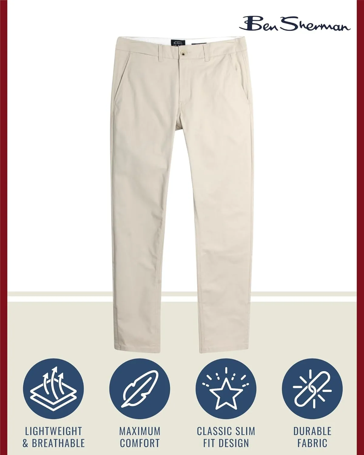 Ben Sherman Men's Slim Fit Chino Pants - Men's Fashion Comfort Stretch Cotton Casual Pants - Stylish Tapered Chinos for Men
