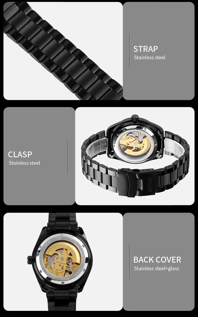 BESTKANG Mens Automatic Self-Winding Watches Luxury Stainless Steel Band Automatic Mechanical Watch Waterproof Skeleton Wrist Watch