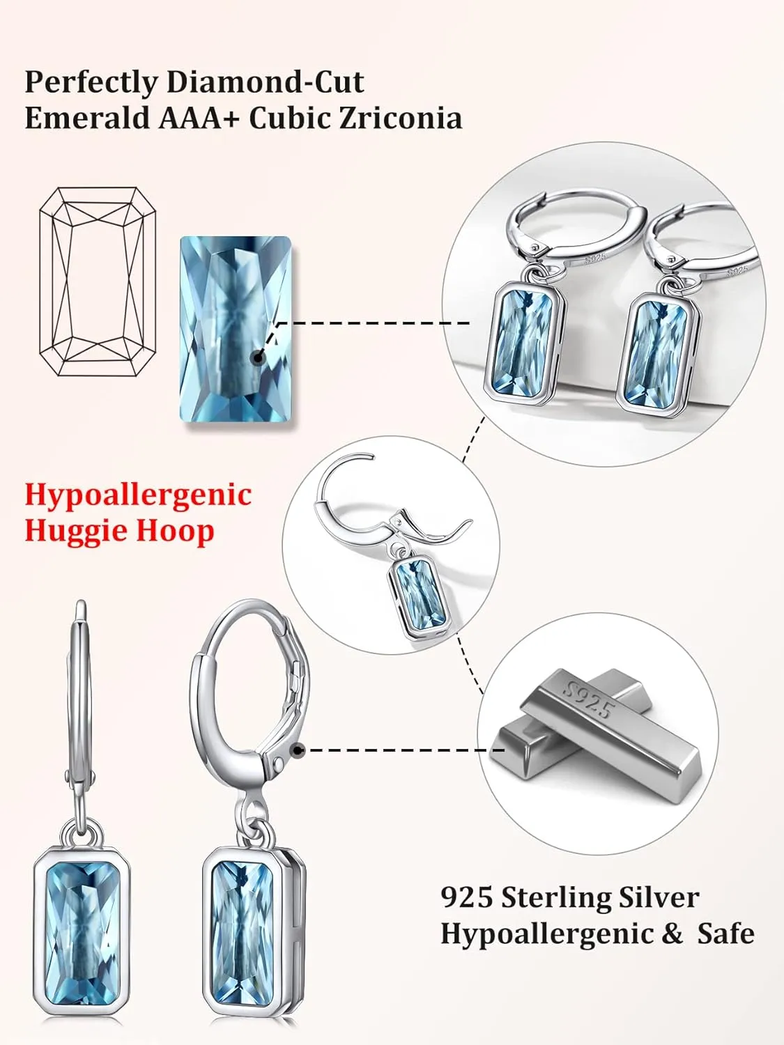 Bestyle Sterling Silver Small Dainty Birthstone Drop Earrings for Women with Rectangular Baguette Crystal & Huggie Hoop Silver Dangle Earring for Wedding Birthday Everyday Wear