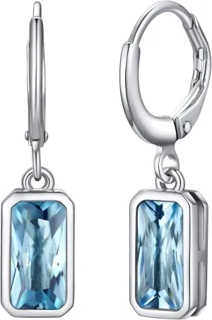 Bestyle Sterling Silver Small Dainty Birthstone Drop Earrings for Women with Rectangular Baguette Crystal & Huggie Hoop Silver Dangle Earring for Wedding Birthday Everyday Wear