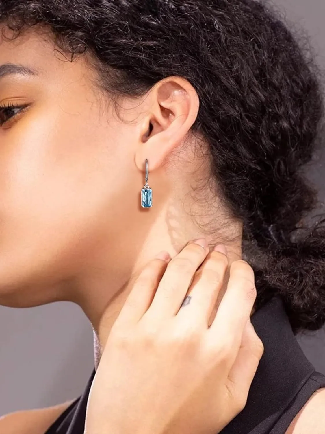 Bestyle Sterling Silver Small Dainty Birthstone Drop Earrings for Women with Rectangular Baguette Crystal & Huggie Hoop Silver Dangle Earring for Wedding Birthday Everyday Wear
