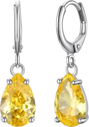 Bestyle Sterling Silver Small Dainty Birthstone Drop Earrings for Women with Rectangular Baguette Crystal & Huggie Hoop Silver Dangle Earring for Wedding Birthday Everyday Wear