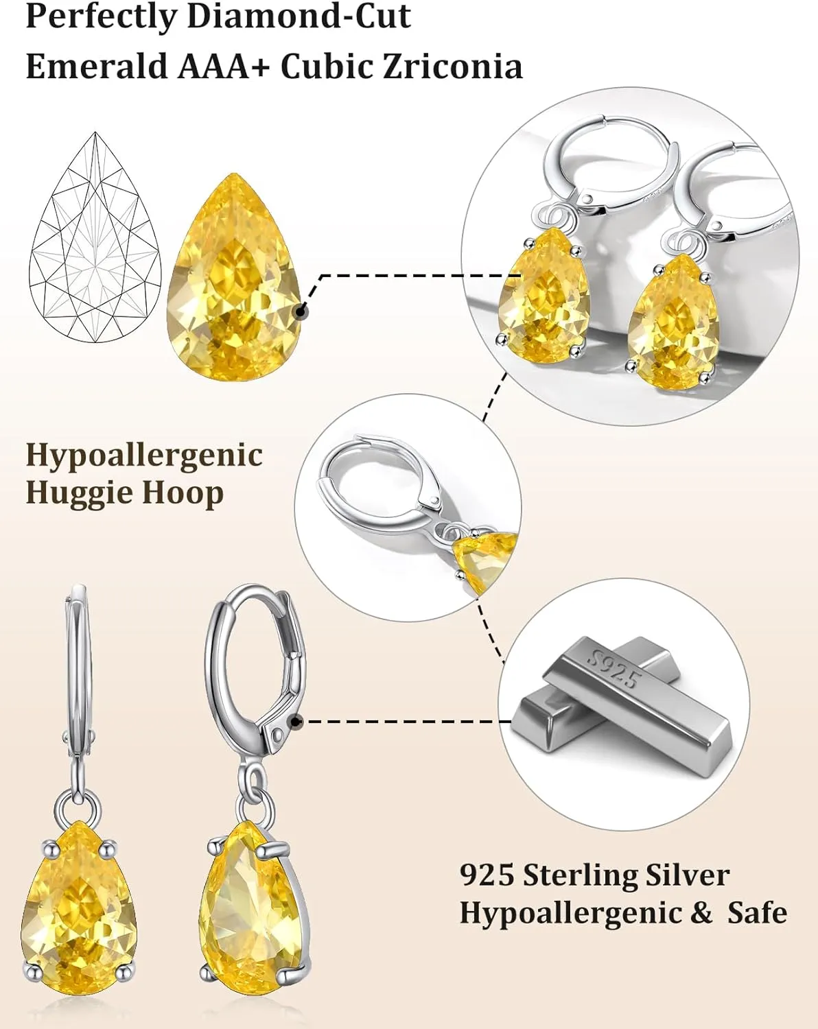 Bestyle Sterling Silver Small Dainty Birthstone Drop Earrings for Women with Rectangular Baguette Crystal & Huggie Hoop Silver Dangle Earring for Wedding Birthday Everyday Wear