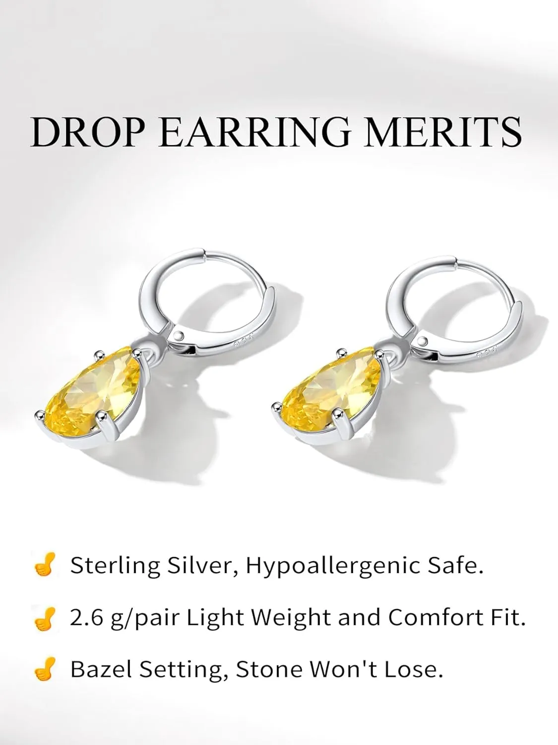 Bestyle Sterling Silver Small Dainty Birthstone Drop Earrings for Women with Rectangular Baguette Crystal & Huggie Hoop Silver Dangle Earring for Wedding Birthday Everyday Wear