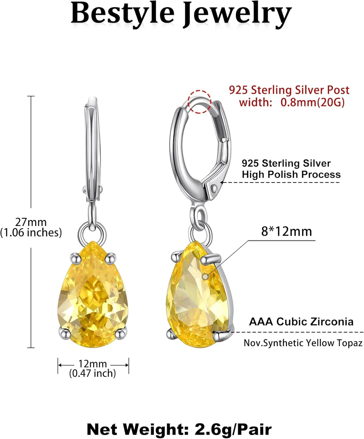 Bestyle Sterling Silver Small Dainty Birthstone Drop Earrings for Women with Rectangular Baguette Crystal & Huggie Hoop Silver Dangle Earring for Wedding Birthday Everyday Wear