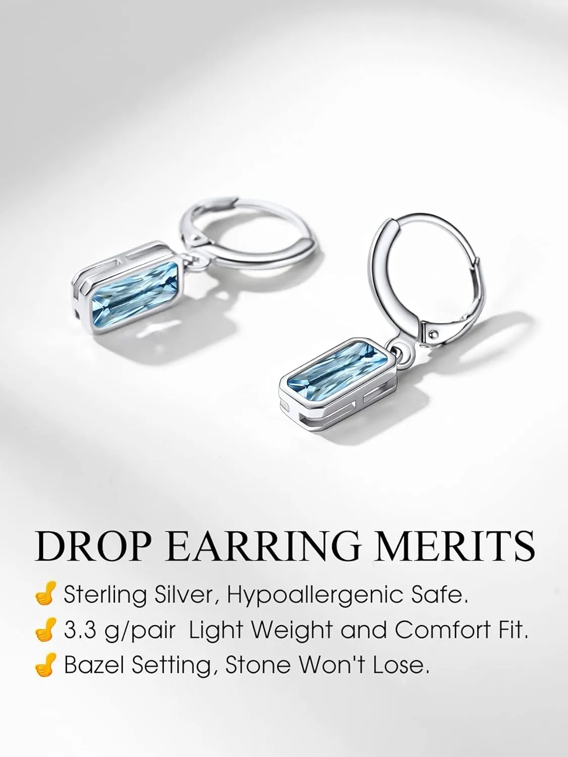 Bestyle Sterling Silver Small Dainty Birthstone Drop Earrings for Women with Rectangular Baguette Crystal & Huggie Hoop Silver Dangle Earring for Wedding Birthday Everyday Wear