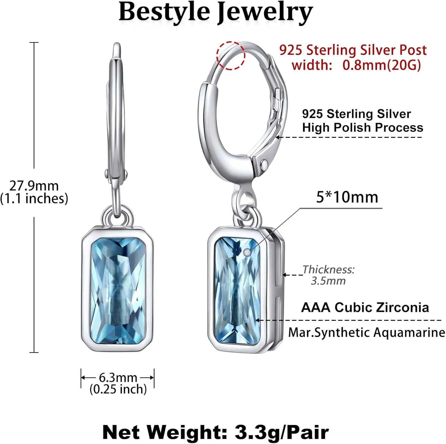 Bestyle Sterling Silver Small Dainty Birthstone Drop Earrings for Women with Rectangular Baguette Crystal & Huggie Hoop Silver Dangle Earring for Wedding Birthday Everyday Wear