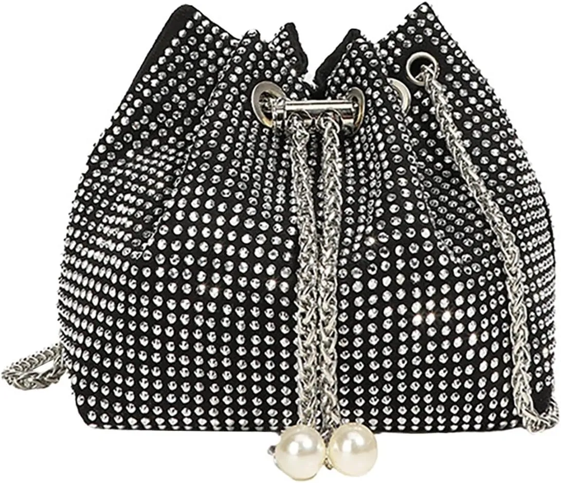 BILIKEYU Crossbody Shoulder Evening Bag Shinny Bling Clutch Purse Bucket Pearl Strap Handbag For Women Canvas (Silver, One Size)