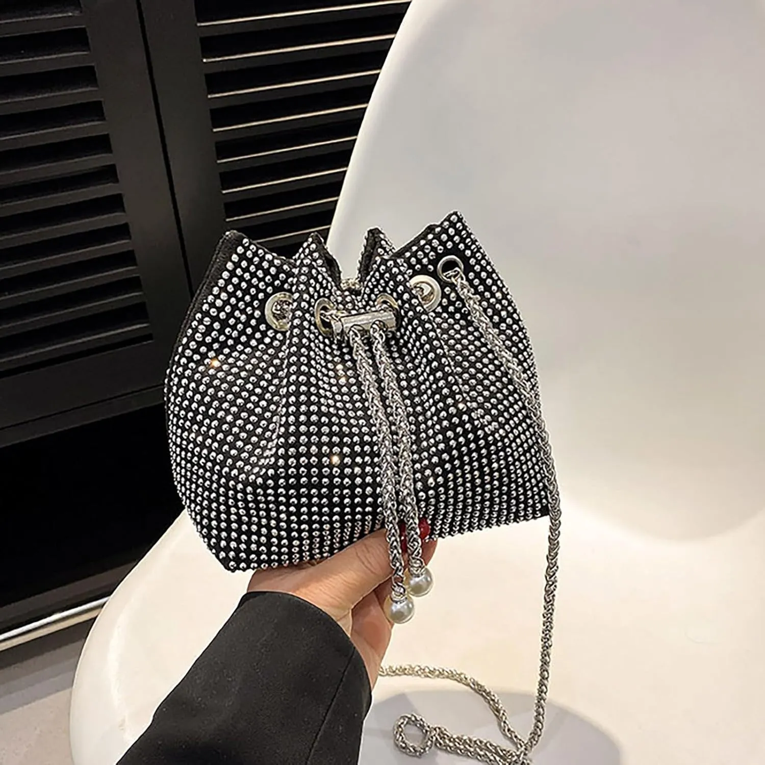 BILIKEYU Crossbody Shoulder Evening Bag Shinny Bling Clutch Purse Bucket Pearl Strap Handbag For Women Canvas (Silver, One Size)