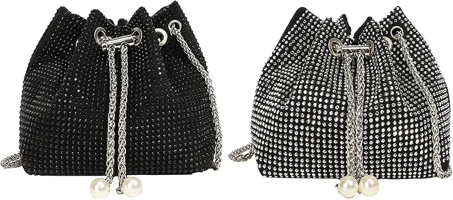 BILIKEYU Crossbody Shoulder Evening Bag Shinny Bling Clutch Purse Bucket Pearl Strap Handbag For Women Canvas (Silver, One Size)