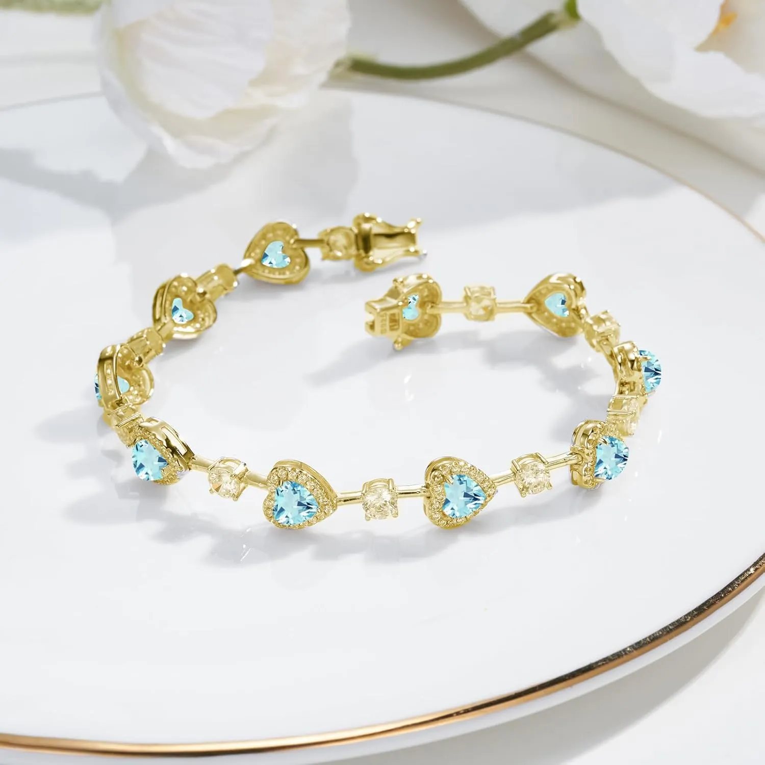 Birthstone Bracelets for Women Sterling Silver Gemstone Heart Tennis Bracelets Halo Christmas Fine Jewelry Charm Link for Her 7 Inches