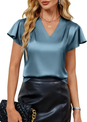 Blooming Jelly Womens Silk Dressy Casual Business Blouse Ruffle Sleeve Tops Summer V Neck Pleated Work Shirts