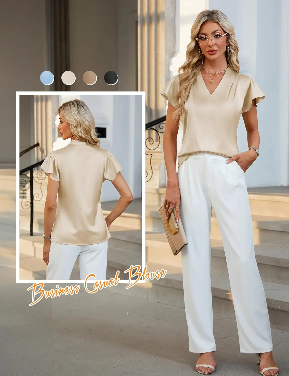 Blooming Jelly Womens Silk Dressy Casual Business Blouse Ruffle Sleeve Tops Summer V Neck Pleated Work Shirts