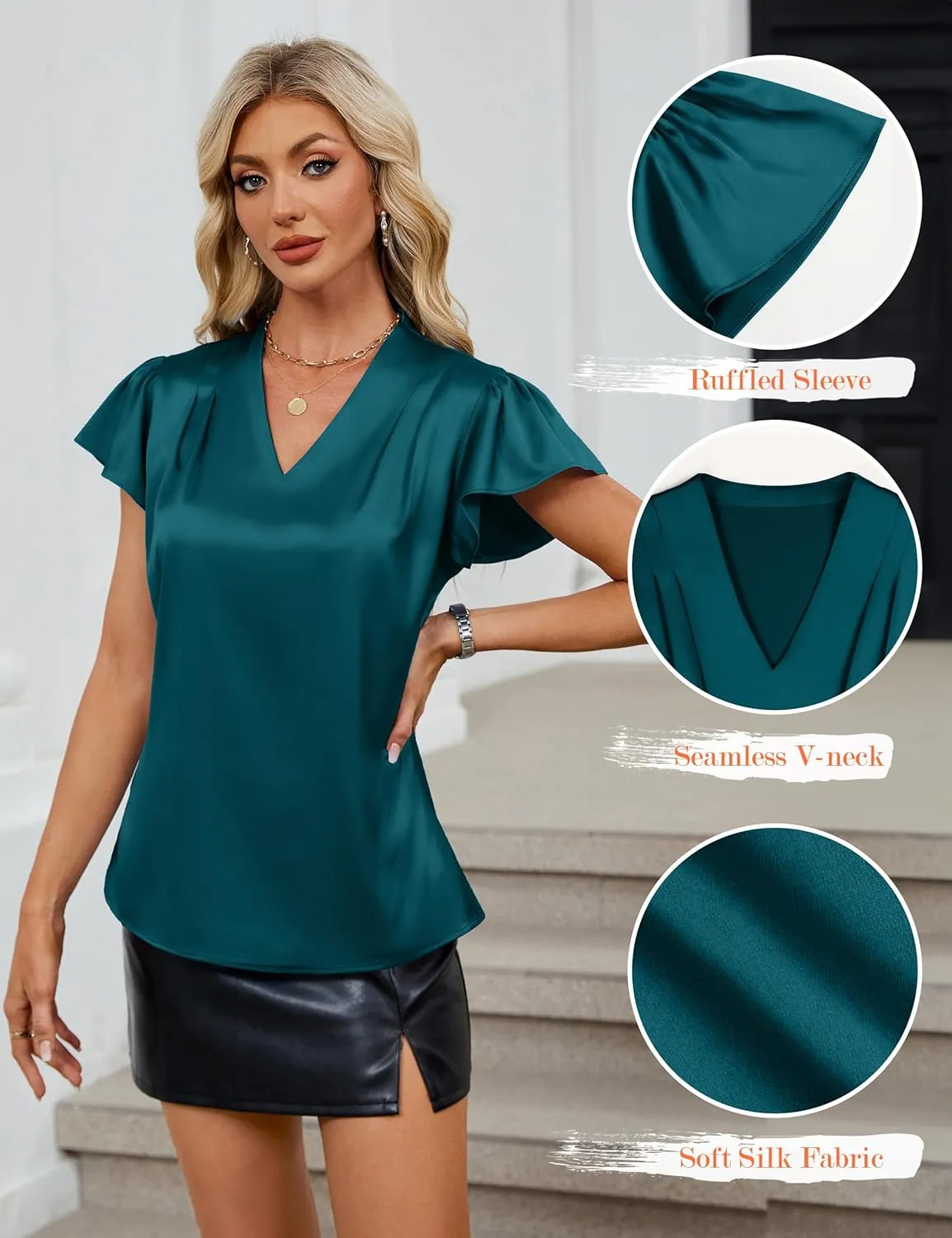 Blooming Jelly Womens Silk Dressy Casual Business Blouse Ruffle Sleeve Tops Summer V Neck Pleated Work Shirts