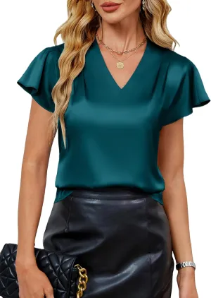 Blooming Jelly Womens Silk Dressy Casual Business Blouse Ruffle Sleeve Tops Summer V Neck Pleated Work Shirts