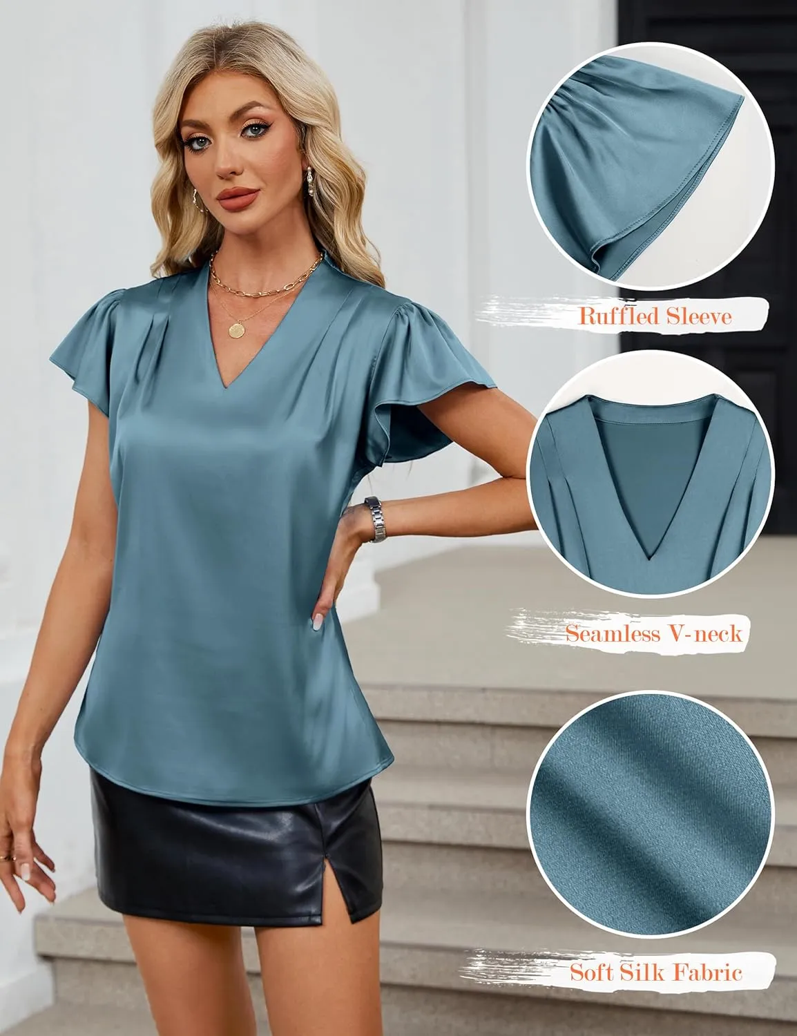 Blooming Jelly Womens Silk Dressy Casual Business Blouse Ruffle Sleeve Tops Summer V Neck Pleated Work Shirts