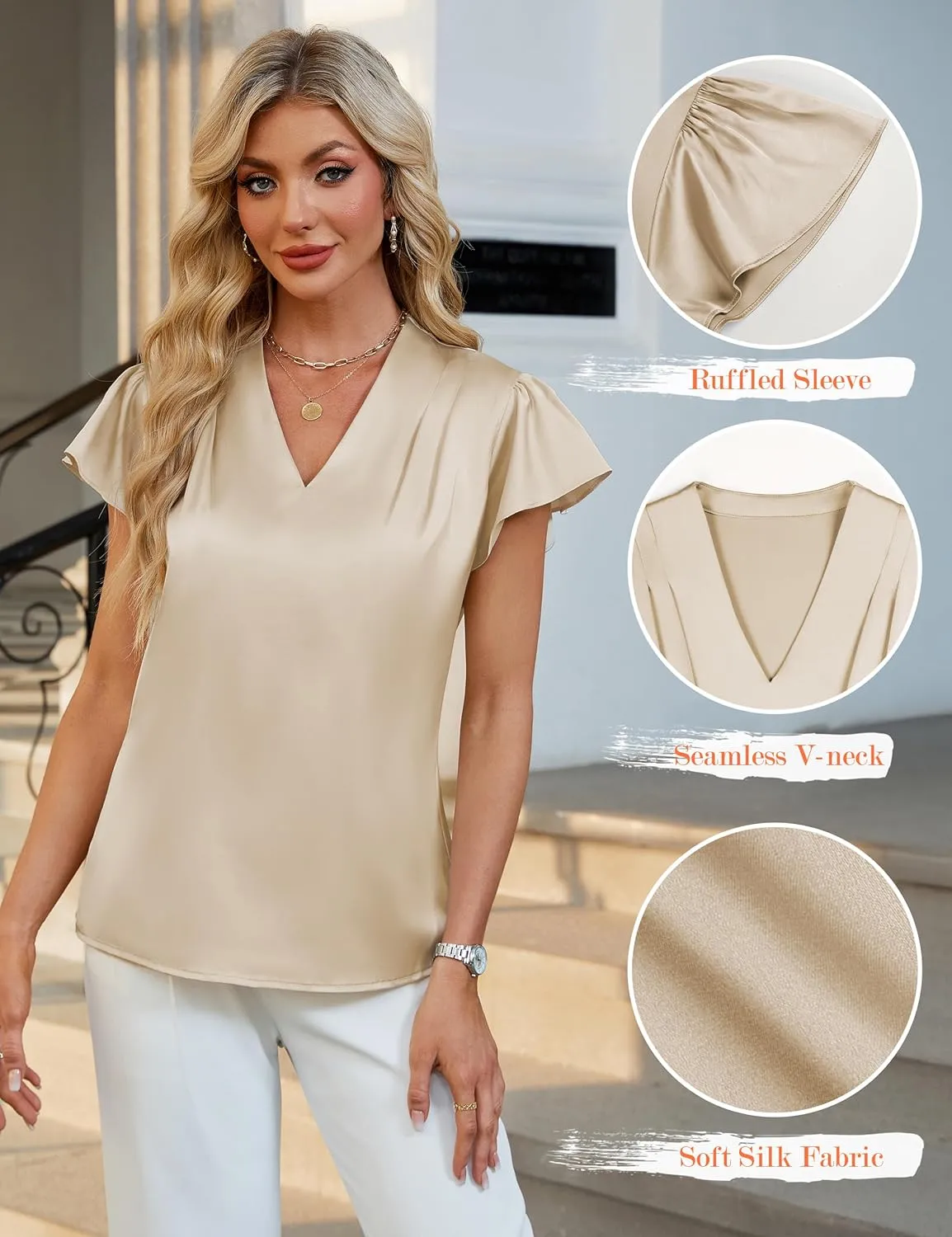 Blooming Jelly Womens Silk Dressy Casual Business Blouse Ruffle Sleeve Tops Summer V Neck Pleated Work Shirts
