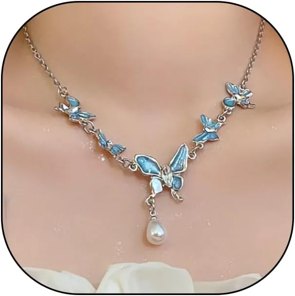 Blue Enamel Butterfly Statement Necklace for Women Boho Adjustable Crystal Butterfly Pearl Pendant Choker Exquisite Multiple Butterfly Necklace