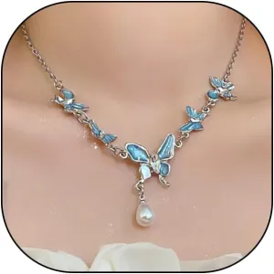 Blue Enamel Butterfly Statement Necklace for Women Boho Adjustable Crystal Butterfly Pearl Pendant Choker Exquisite Multiple Butterfly Necklace