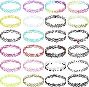 BodyJ4You 24PC Tattoo Choker Necklace - 90s Choker Necklaces Y2K Fashion Trendy Vintage - Daisy Flower Charm Colorful Rainbow Black Goth Pendant - Stretchy Elastic Necklace
