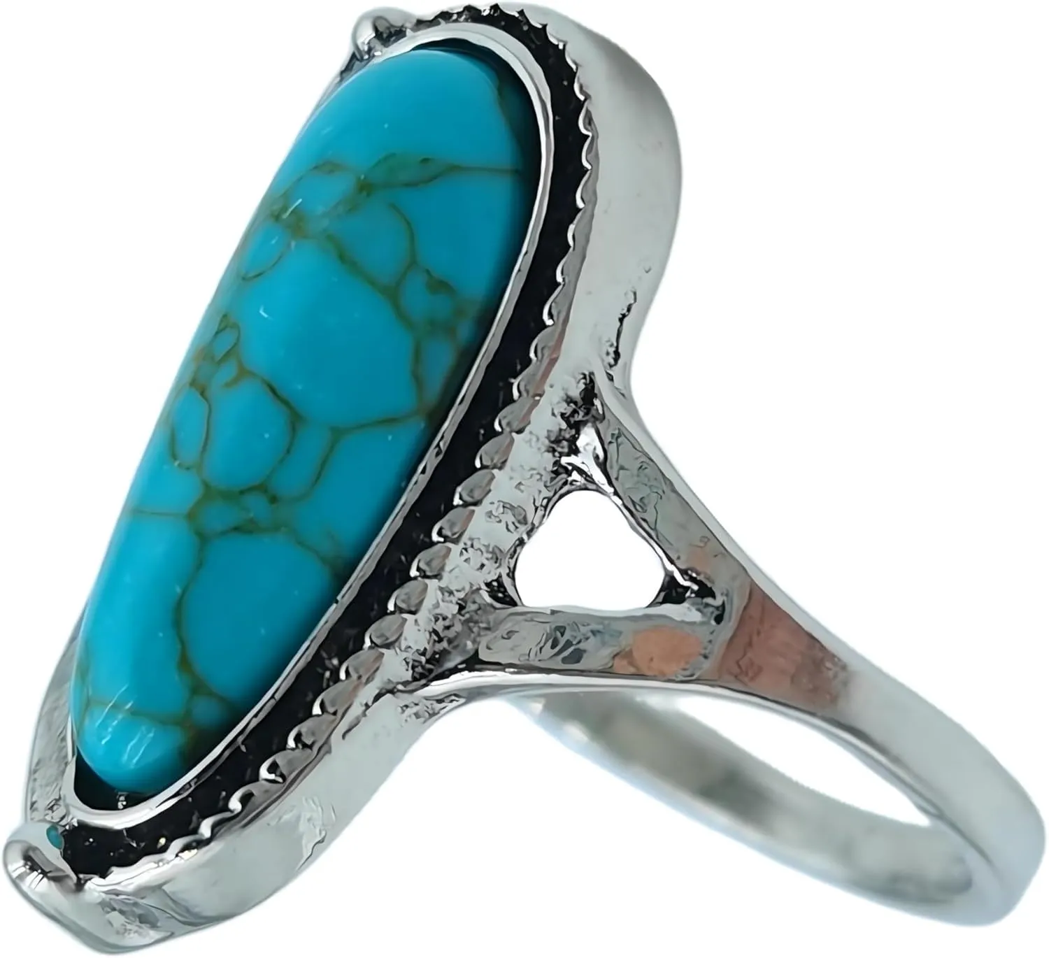 Bohemian Turquoise Vintage Ethnic Oval Opening Adjustable Ring Western Style Natural Stone Flower Shaped Hippy Silver Ring Feminine Personality Ring