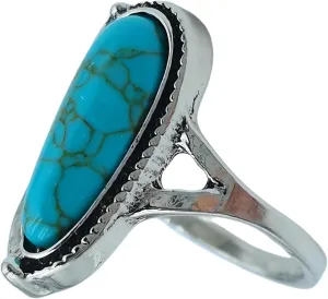 Bohemian Turquoise Vintage Ethnic Oval Opening Adjustable Ring Western Style Natural Stone Flower Shaped Hippy Silver Ring Feminine Personality Ring