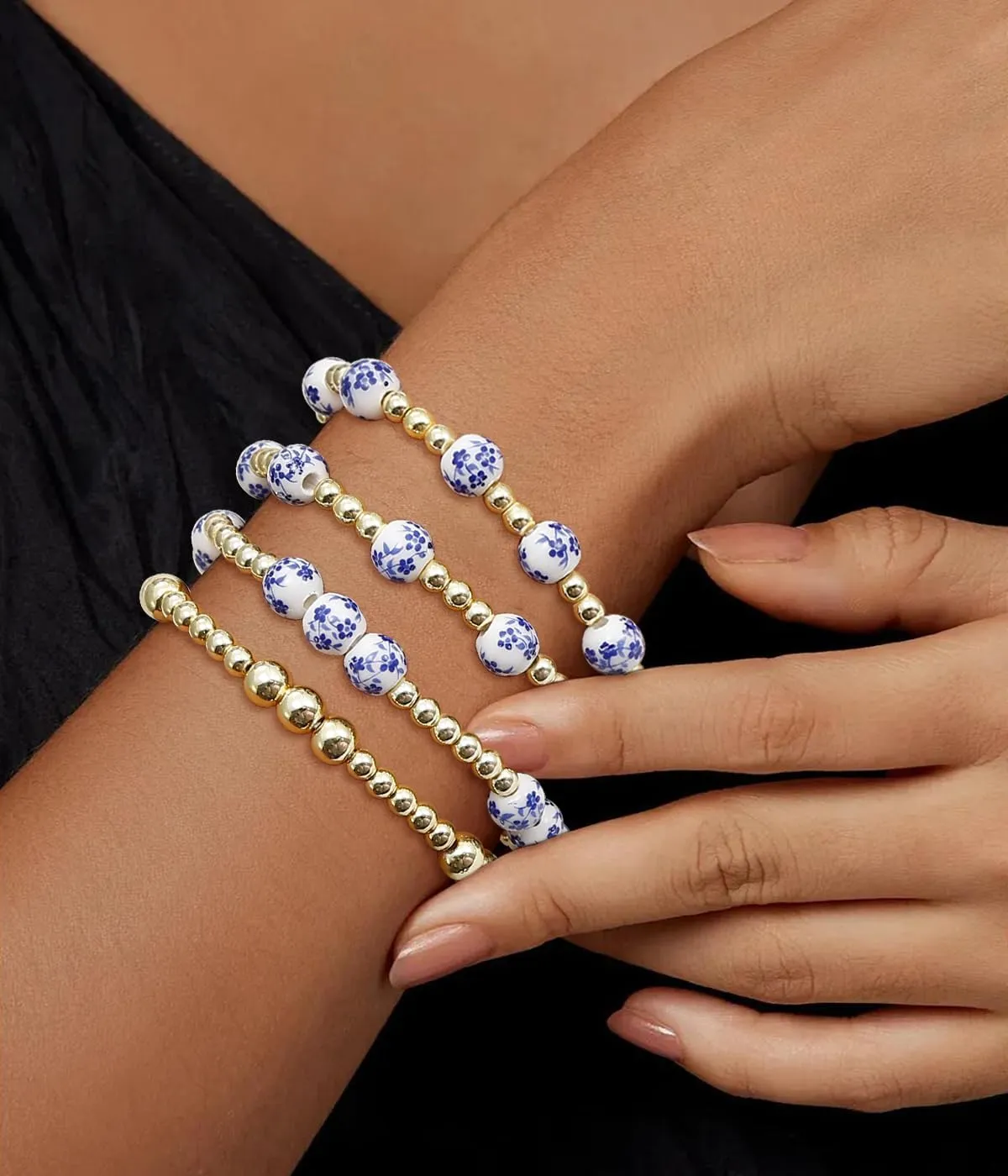 BOMAIL Gold Beaded Bracelets for Women Trendy Non Tarnish Gold Bracelet Stack 14K Gold Plated Pearl Bead Bracelets Cross Bracelets Set Stackable Stretch Beads Bracelet