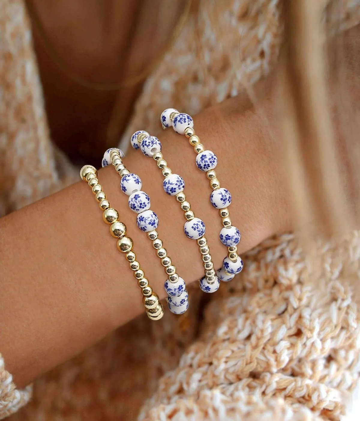 BOMAIL Gold Beaded Bracelets for Women Trendy Non Tarnish Gold Bracelet Stack 14K Gold Plated Pearl Bead Bracelets Cross Bracelets Set Stackable Stretch Beads Bracelet